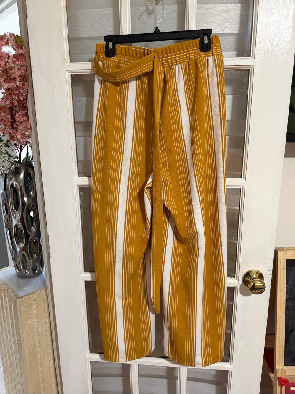 Women Mustard Yellow & White Striped Wide Leg Pants